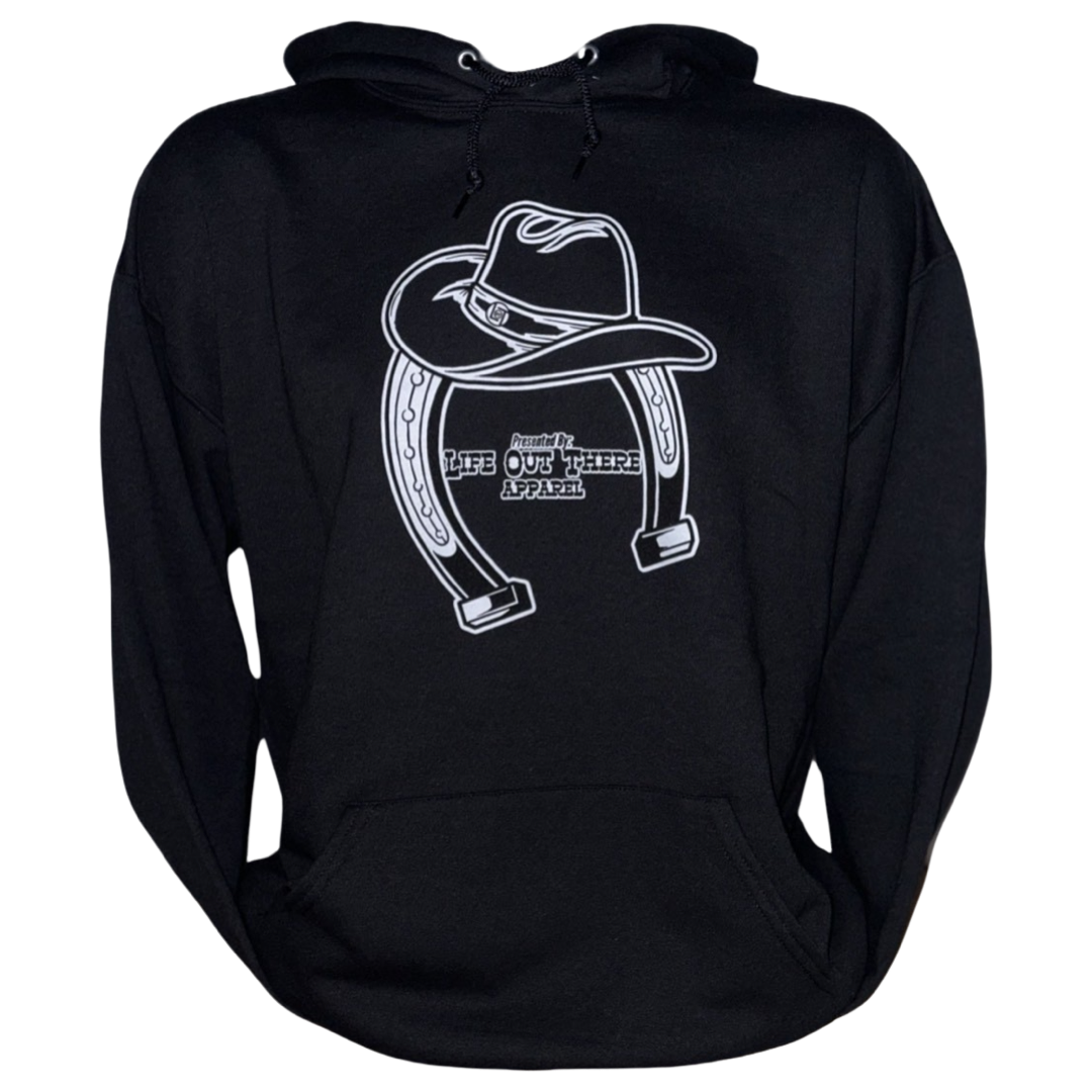 Black Unisex hoodie from Life Out There Apparel “ONWARD & UPWARD” Tour - this design is a country concert design with a cowboy hat & horseshoe on the front and back with every Life Out There Apparel launch for the past 2 years. This photo shows the front of the hoodie with a white background.