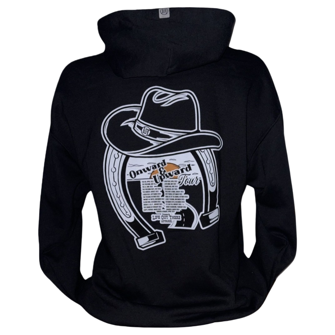 Black Unisex hoodie from Life Out There Apparel “ONWARD & UPWARD” Tour - this design is a country concert design with a cowboy hat & horseshoe on the front and back with every Life Out There Apparel launch for the past 2 years. This photo shows the back of the hoodie with a white background.
