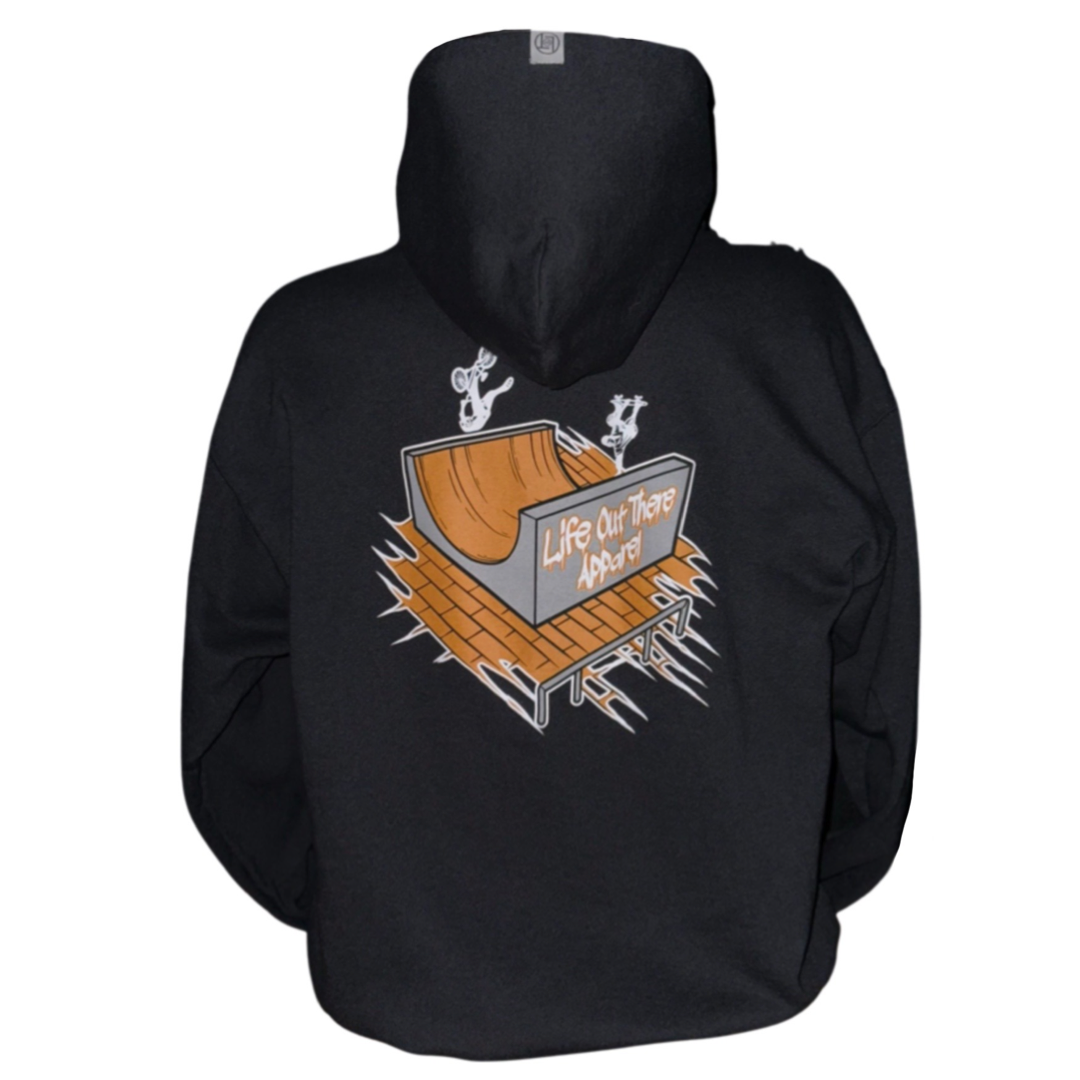 Life Out There Apparel “Fun is Not a Crime” Black Unisex hoodie has a skateboarder and bmx rider having fun on a half pipe skateboard ramp. This picture is showing the back of the hoodie.