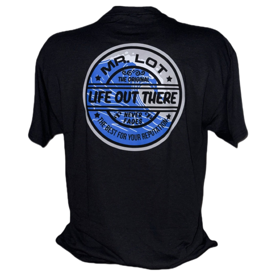 Experience the essence of summer with the Unisex Summer Vibes T-Shirt in Black by Life Out There Apparel. Featuring a circular graphic in blue and gray on the back, this design captures SUMMER VIBES perfectly. Emblazoned with the text: Mr. Lot, The Original, Life Out There, Never Fade—The Best for Your Reputation, it's an ideal choice for those looking to embrace their inner surfer and enjoy endless sunny days.
