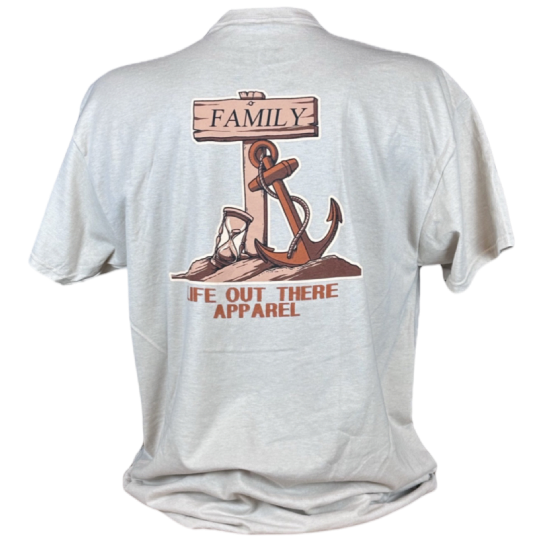 A sandstone unisex T-shirt showcasing a back design with a wooden sign that reads "Family" alongside an anchor, rope, and hourglass. Beneath the design is the text "Life Out There Apparel.