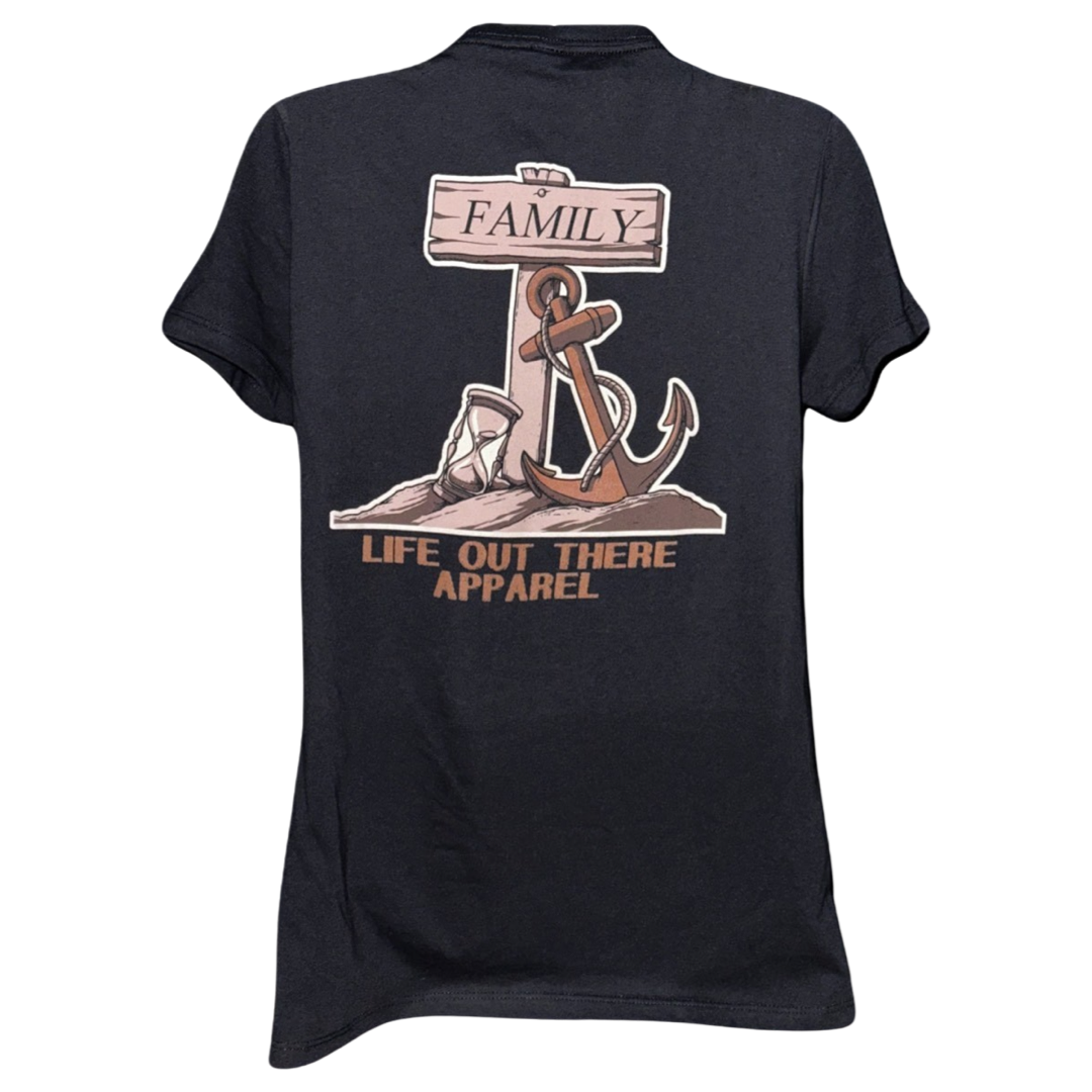 A black women's V-neck T-shirt by Life Out There Apparel features a back design with an anchor and driftwood displaying the word "Family" on a wooden sign, while "TIME FLIES" is subtly incorporated.