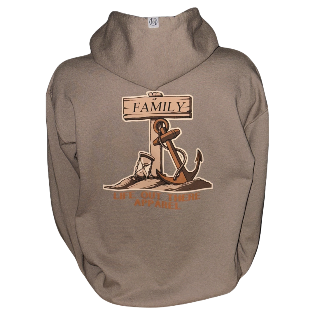A safari-colored hoodie adorned with an hourglass, cowboy boots, and a wooden sign that says Family. Below, it features the text "Life Out There Apparel.