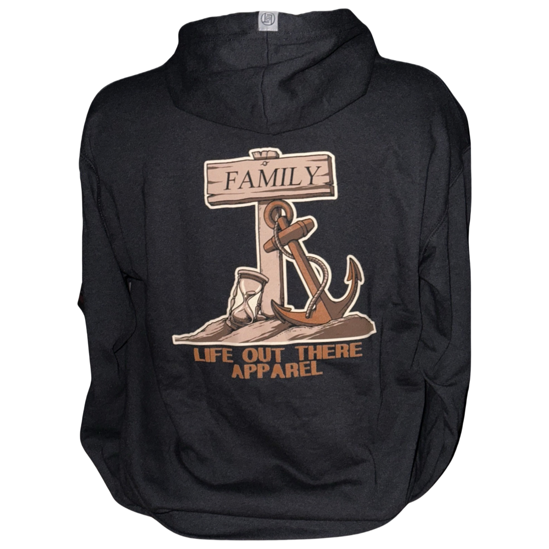 A black Unisex Time Flies "Zip-Up" Hoodie by Life Out There Apparel featuring a graphic of an anchor, an hourglass, a wooden sign with the word "Family," and a sandy area with orange text reading Life Out There Apparel.