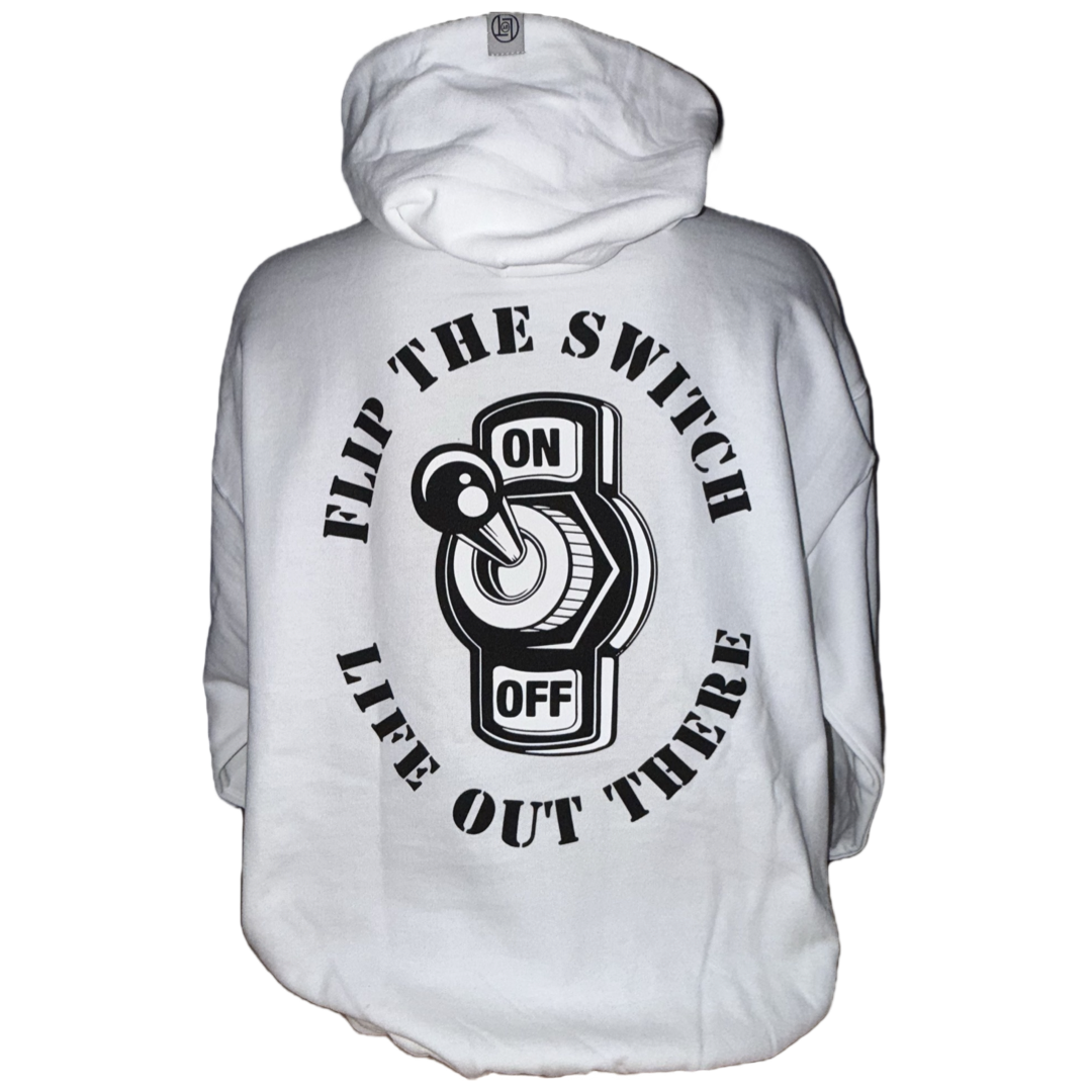 Celebrate our anniversary launch with the Unisex Flip The Switch Hoodie in white by Life Out There Apparel. Featuring a vibrant back graphic, it boldly displays ON and OFF with the inspiring FLIP THE SWITCH above and LIFE OUT THERE below, embodying an adventurous spirit.