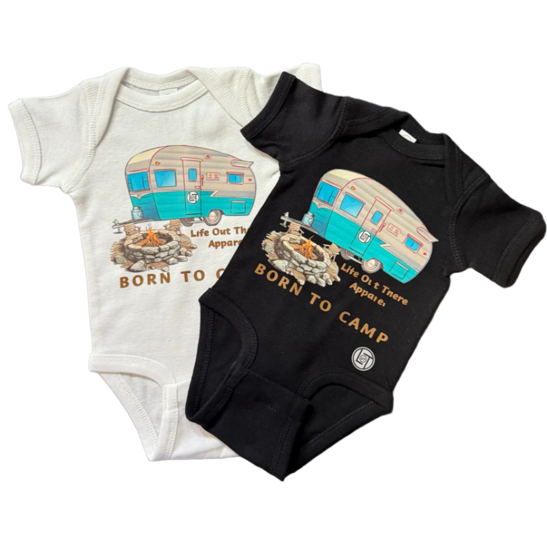 The Infant - Born To Camp Snap Tee/Bodysuit by Life Out There Apparel comes in black and white 100% cotton, featuring a camper van, campfire, and Born To Camp—perfect for little camping fans.