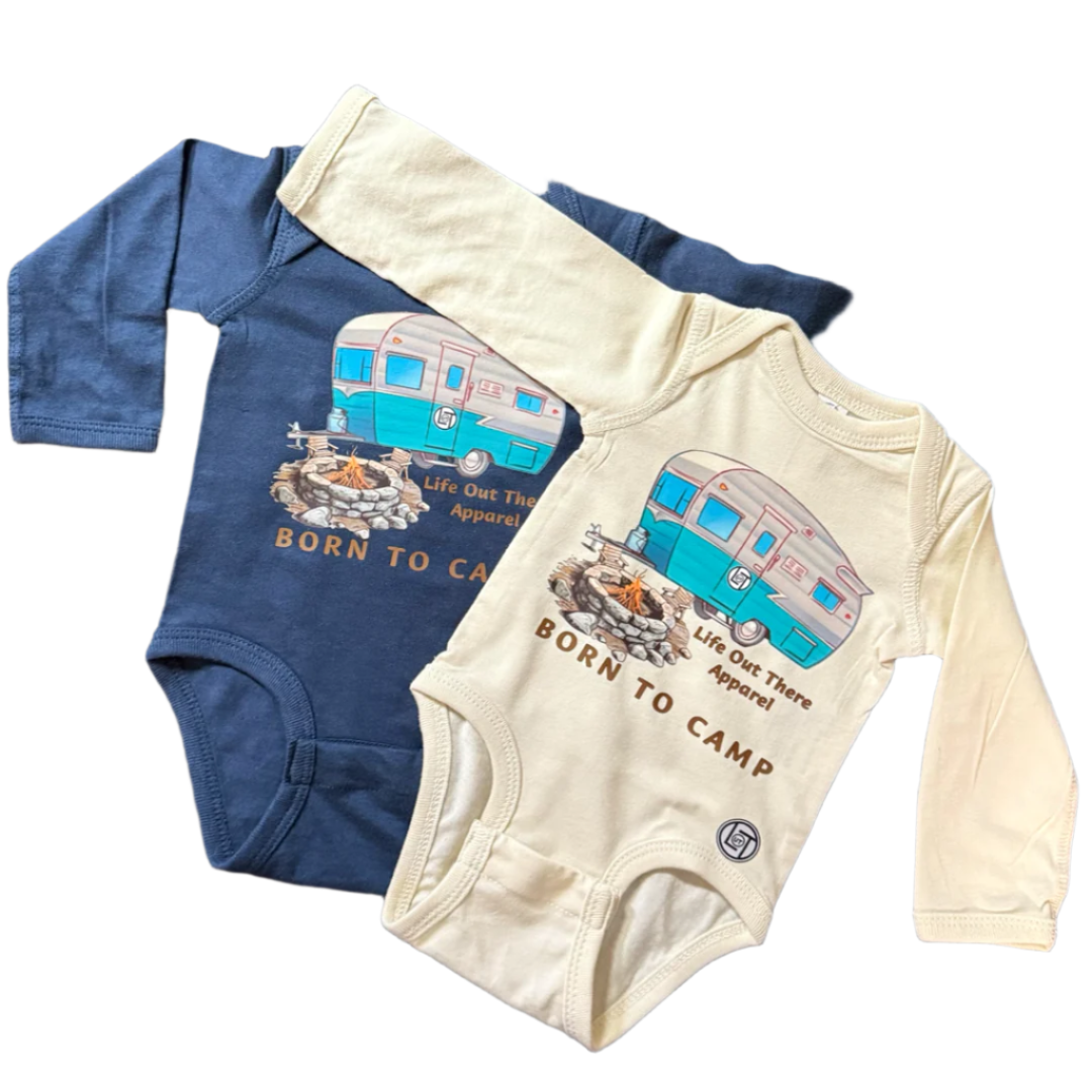 Two long-sleeve snap bodysuits from Life Out There Apparel—one Natural Beige, one Navy—each 100% cotton and featuring the Born to Camp camper van and campfire design on the front.