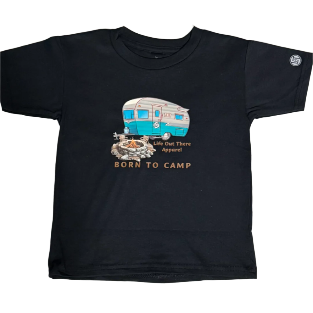 The Toddler - Born To Camp T-Shirt by Life Out There Apparel features a blue and white camper, campfire under stars, and BORN TO CAMP print on black 100% cotton—perfect for young camping fans.