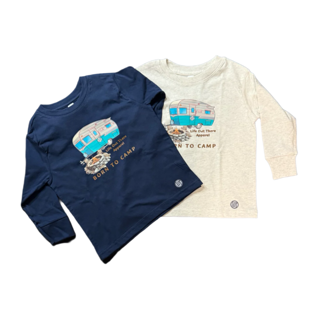 The Life Out There Apparel Toddler Born To Camp Long Sleeve T-Shirts in navy and natural beige are 100% cotton, featuring a blue camper, campfire, stars, and BORN TO CAMP on the front.