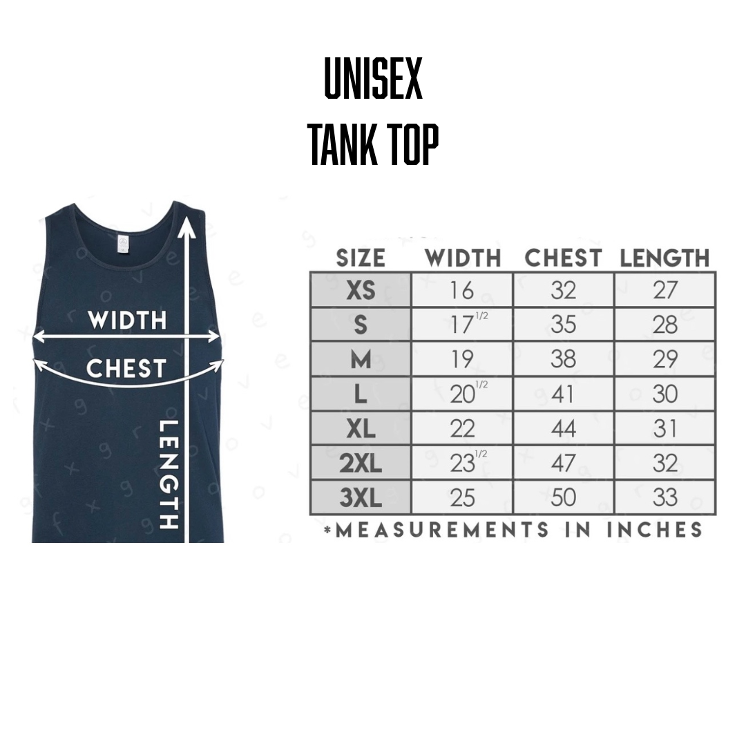 The size chart for The JJ Tank Top - Black by Life Out There Apparel displays a diagram with arrows for width, chest, and length. Sizes XS–3XL are shown with inch measurements for each dimension. Inspired by Huntington Beach beachwear.