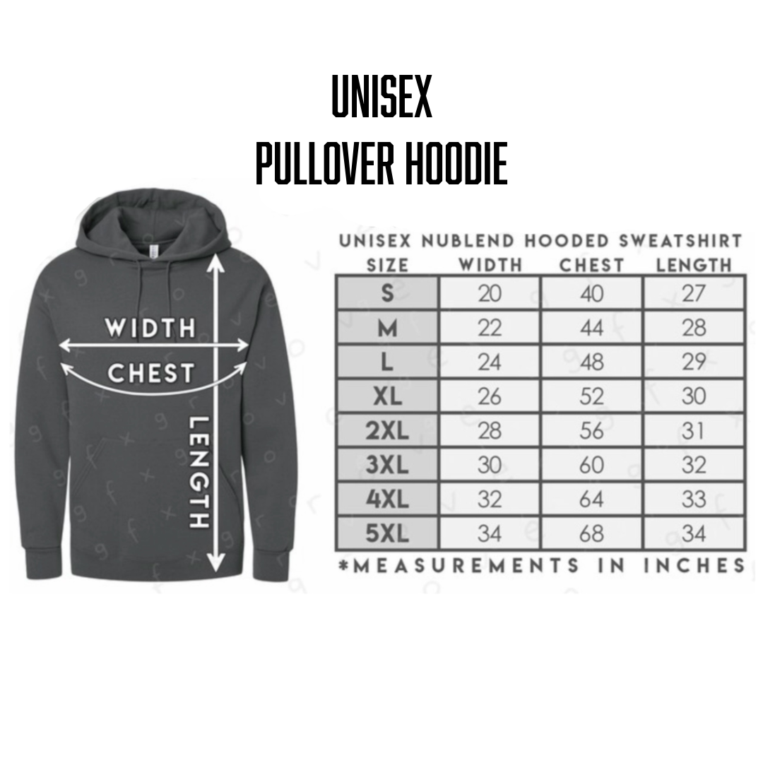 The OG Hoodie - Black/White by Life Out There Apparel is a unisex pullover, ideal for desert camping. Size chart (S–5XL) on right shows width, chest, and length in inches. Arrows indicate measurements.