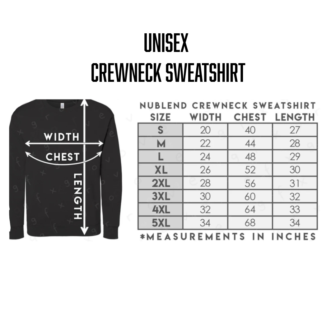 Category Hurricane Crewneck Sweatshirt - Black by Life Out There Apparel: features width and length lines, plus a size chart (S-5XL) with chest and length in inches. Unisex fit—perfect country vibe!.