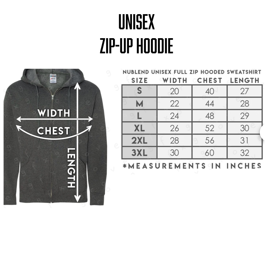 THE YEEHAW (Zip Up) Hoodie - Black/White by Life Out There Apparel features arrows marking width, chest, and length. A unisex size chart (S–3XL) in inches is shown. Ideal for cowboy lifestyle or country music fans.