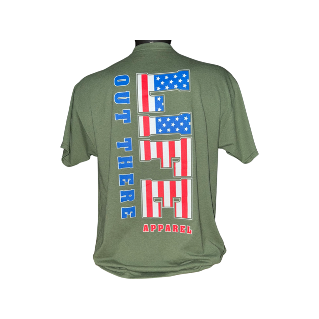 Back view of the Unisex The Freedom T-Shirt in military green by Life Out There Apparel, featuring an American flag-themed design. The words "OUT THERE" are arranged vertically alongside large "USA" letters, celebrating the Land of the Free. The word "APPAREL" is displayed at the bottom, making it perfect for showcasing your pride this 4th of July.