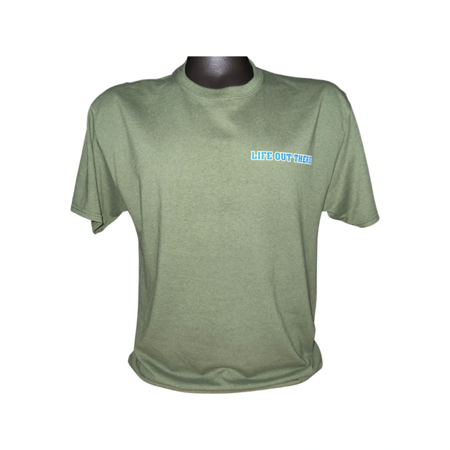 Unisex The Freedom T Shirt in Military Green by Life Out There Apparel, featuring the words "LIFE OUT THERE" in blue and white on the left chest area, subtly honoring the Land of the Free, showcased on a mannequin against a plain white background.