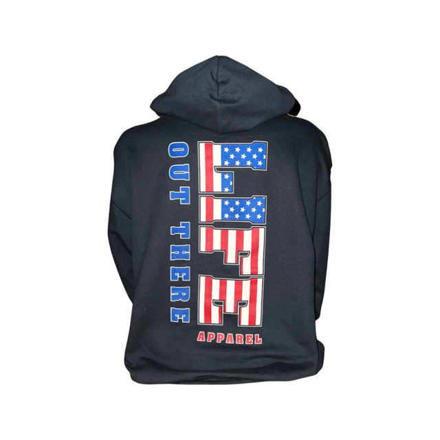 The Unisex The Freedom Hoodie by Life Out There Apparel is a stylish black hoodie showcasing "OUT THERE" in white on the front. On the back, it celebrates the 4th of July with "USA" adorned in an American flag pattern and features "APPAREL" boldly displayed in red underneath. It's perfect for expressing your style while embracing the spirit of freedom.