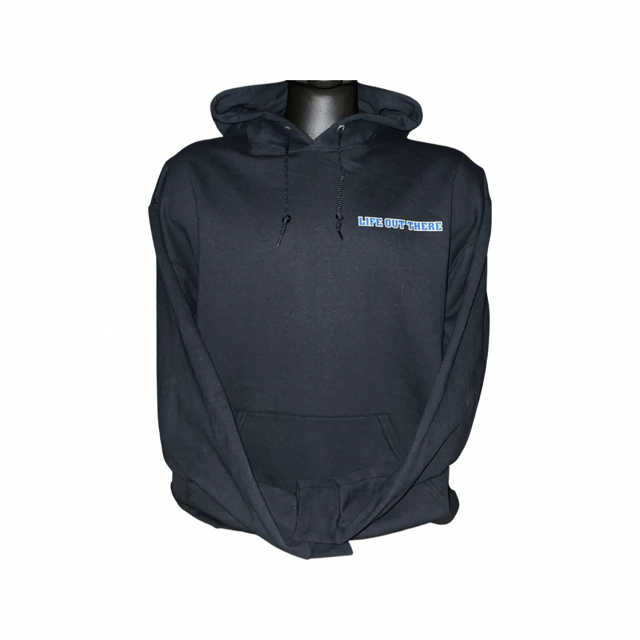 Displayed on a mannequin, the Unisex The Freedom Hoodie - Black by Life Out There Apparel features a small light blue "HITS DIFFERENT" logo on the left chest. Experience unparalleled comfort with its cozy front pocket and drawstrings, making it an essential choice for any occasion.