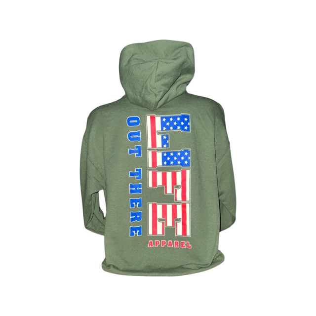 Introducing the Unisex The Freedom Hoodie in Military Green by Life Out There Apparel, showcasing bold text across the back. The word "Life," embellished with stars and stripes, captures an American theme ideal for 4th of July celebrations.