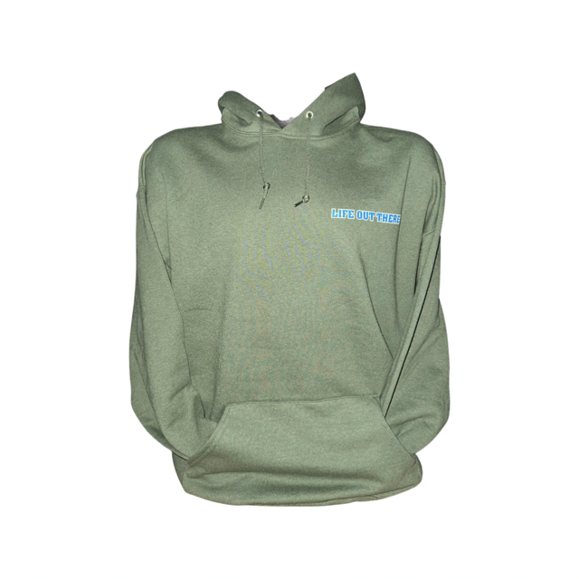 This Military Green Unisex The Freedom Hoodie by Life Out There Apparel features a front pocket and drawstring hood. It showcases the text "THE FREEDOM" in blue and white on the left chest area, making it perfect for highlighting your American spirit. Presented against a plain white background, this hoodie is both stylish and patriotic.