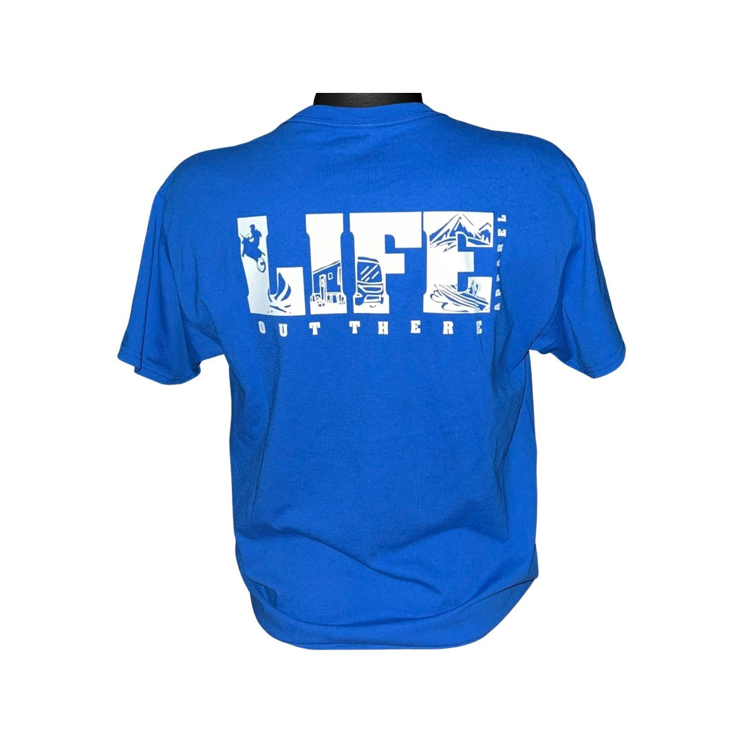 Unisex The OG T Shirt - Royal/White by Life Out There Apparel features "Life Out There" in large white letters on the back, making it ideal for snowboarding enthusiasts.