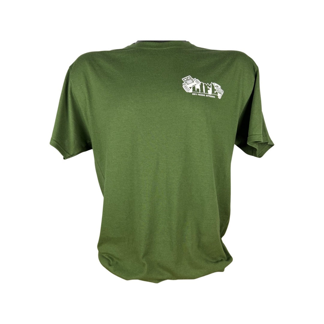 Introducing the Unisex The Crawler T Shirt in Military Green from Life Out There Apparel, featuring a small white graphic on the back. The design showcases two hands holding credit cards and the bold word "Life," making it an ideal choice for fans of off-roading adventures.