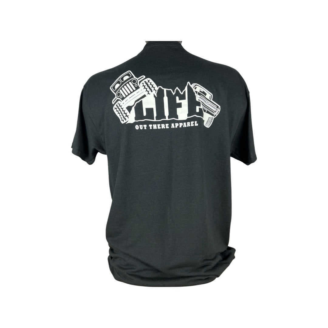 Back view of the Unisex The Crawler T Shirt in black, featuring a graphic design with a Jeep above the word LIFE, accompanied by the text 'Life Out There Apparel' below. This adventurous design is ideal for off-roading enthusiasts and incorporates Jeep and firearm illustrations.