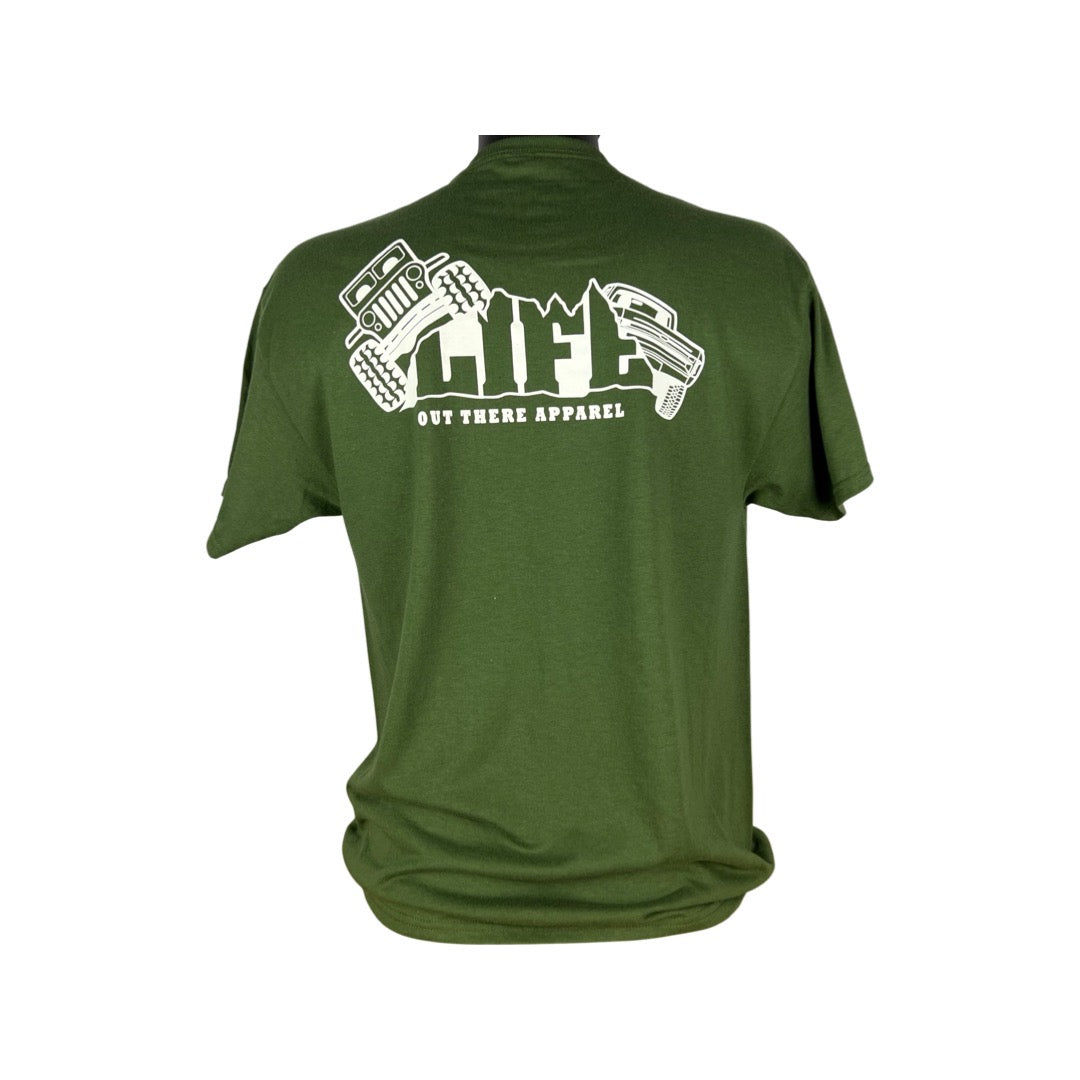 A unisex military green T-shirt by Life Out There Apparel, named "The Crawler," showcases the words LIFE OUT THERE APPAREL in bold white letters on the back. The design skillfully incorporates illustrations of a vehicle and a tent into the text, embodying the adventurous spirit of off-road exploration.