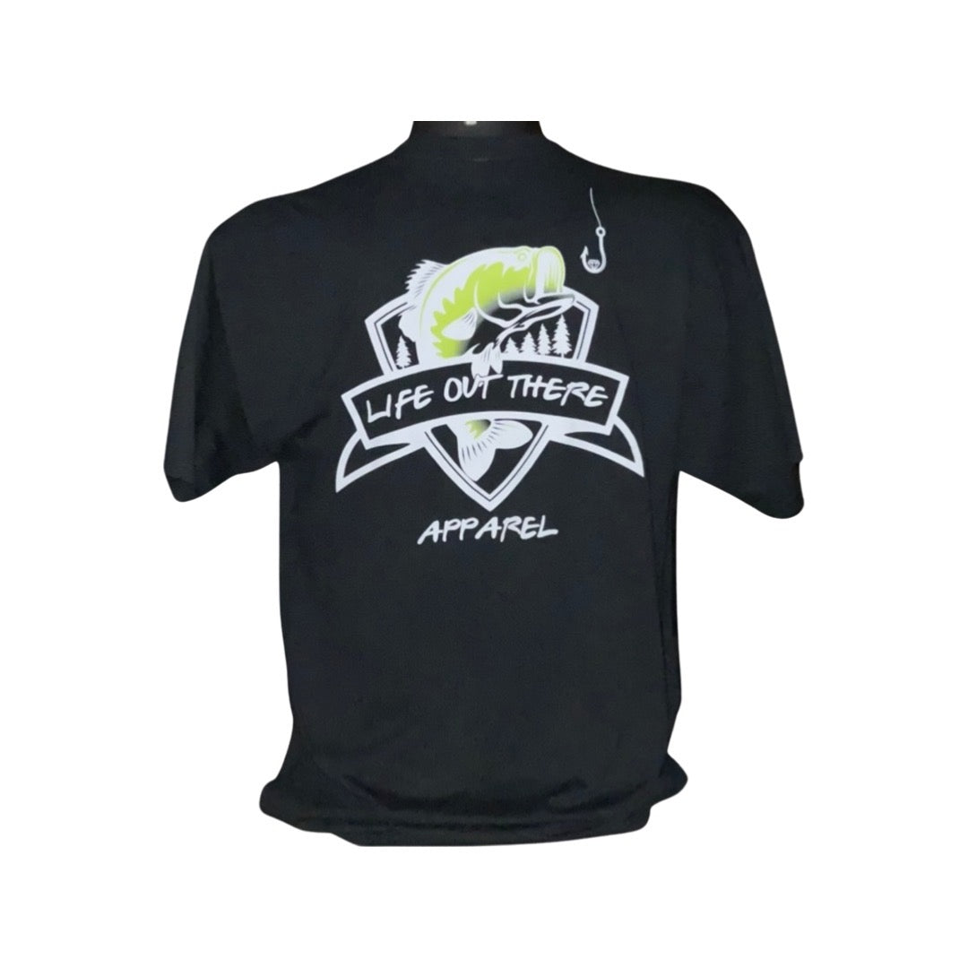 Unisex The Hooker T Shirt in black and white, from Life Out There Apparel, showcases a graphic design of a hand holding a gold fish hook. Across the front, a banner with "Life Out There Apparel" captures the essence of THE HOOKER lifestyle.