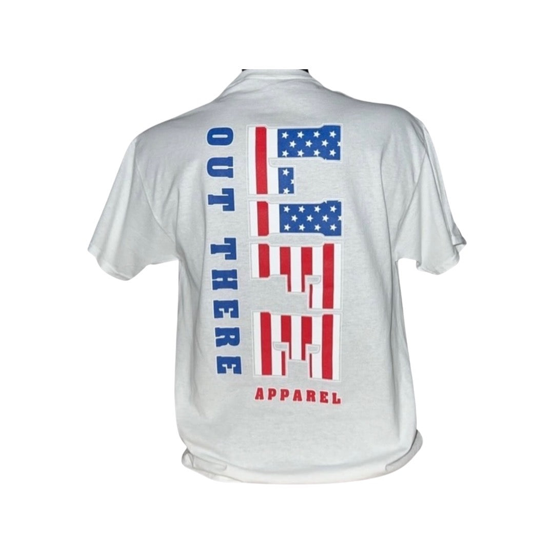 White Unisex "The Freedom Tee" by Life Out There Apparel, featuring three stylized American flags and the brand name in bold red and blue lettering on the back, ideal for expressing your patriotic spirit.