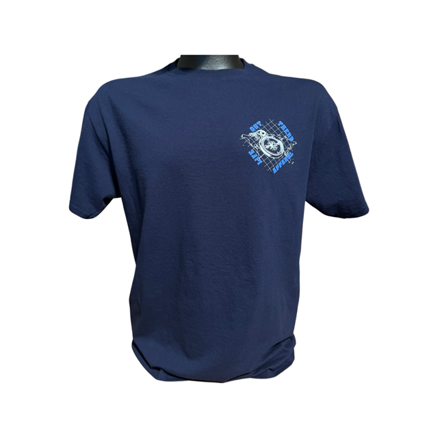 Life Out There Apparel “A New Path” Unisex navy blue tee shirt has a nautical feel with a compass on top of an atlas. This design was created in support of suicide awareness. With a small logo on the left front chest.