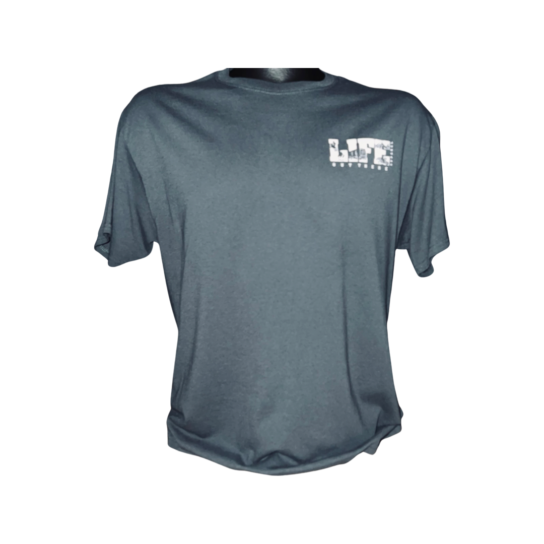 Introducing the Unisex The OG T-Shirt by Life Out There Apparel, designed in a stylish grey with a subtle white emblem on the left chest. This short-sleeved tee features a round neckline, making it ideal for camping adventures. The emblem proudly displays the letters L.F.T. in a blocky style with additional smaller text below, adding rugged flair to your outdoor gear collection.
