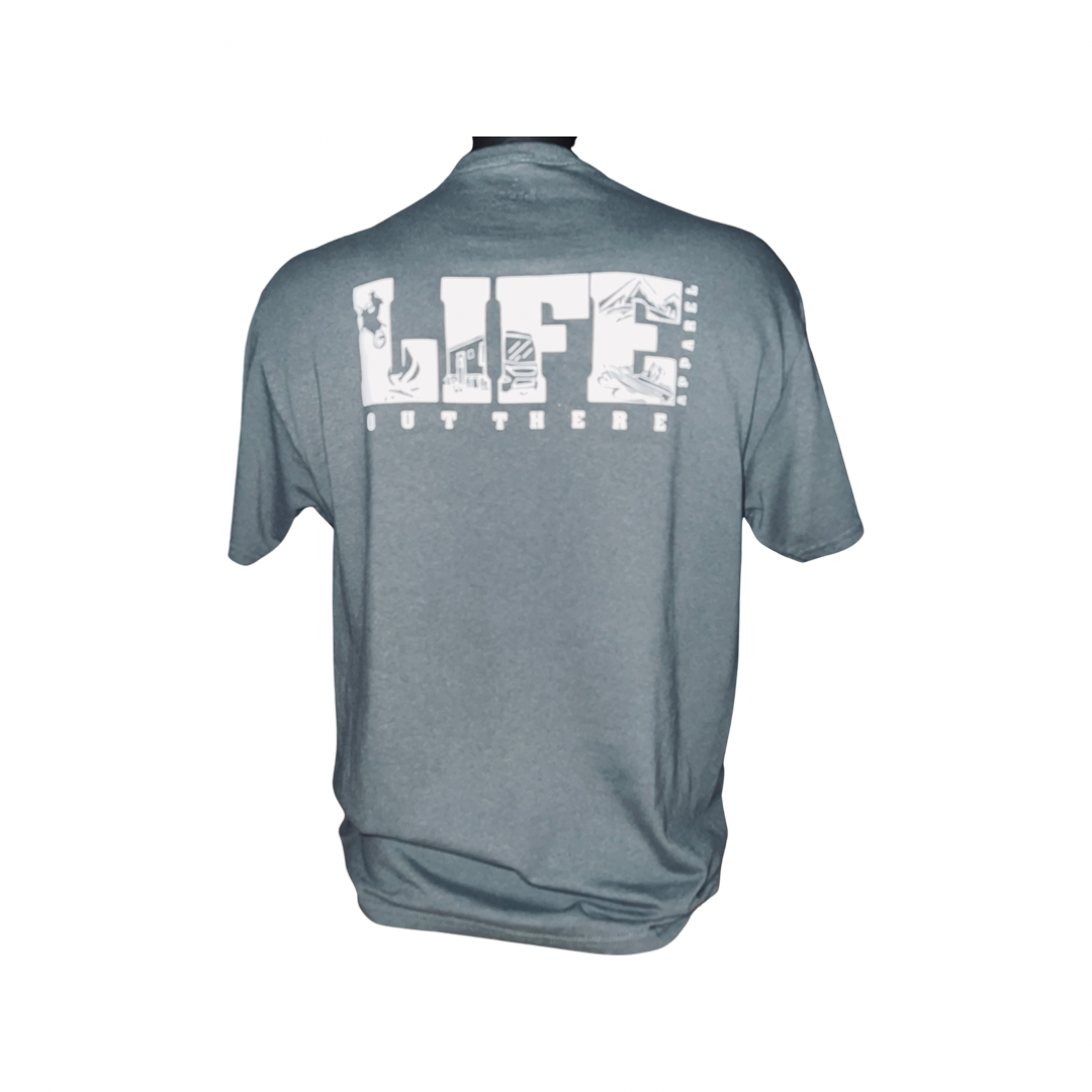 The Unisex The OG T-Shirt in grey and white from Life Out There Apparel features a bold "LIFE OUT THERE" design on the back. Each letter includes intricate illustrations of nature and the outdoors, such as mountains, waves, and trees, perfect for adventure enthusiasts who enjoy camping under starlit skies and exploring beyond the trails.