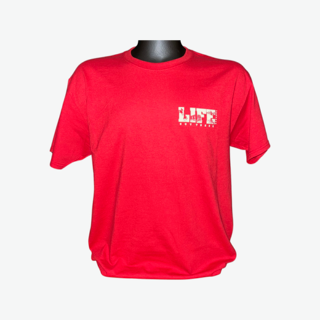 Introducing the Unisex The OG T Shirt in Red/White from Life Out There Apparel. This adventurous shirt features "LIFE" printed in white on the upper left side, an ideal choice for those passionate about snowboarding. Displayed on a black mannequin against a simple backdrop, it's designed to ignite your next thrill-seeking adventure.