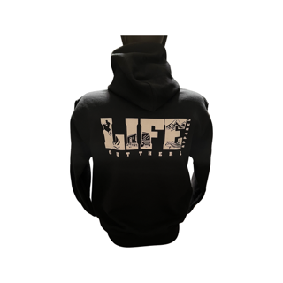 Introducing the Unisex The OG Hoodie in Black/White by Life Out There Apparel. This hoodie showcases the word "LIFE" on the back, adorned with illustrations of mountains, trees, and wildlife within each letter. Crafted for camping enthusiasts, it features "OUT THERE" printed beneath in a smaller font.