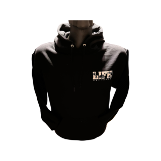 Displayed on a mannequin is the Unisex The OG Hoodie in black and white by Life Out There Apparel, ideal for snowboarding adventures. It showcases a logo with white lettering on the left chest, offering a minimalist design against a plain background to accentuate its sleek style.