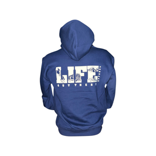 A person wearing a navy hoodie from Life Out There Apparel with "LIFE" in large white letters on the back, adorned with small outdoor-themed illustrations such as snowboarding. Beneath it, "OUTTHERE" is written in a smaller font.