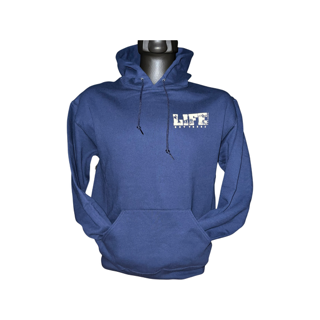 A navy hoodie, ideal for camping adventures, displayed on a mannequin. It's called the "Unisex The OG Hoodie" from Life Out There Apparel and features a front pocket, drawstrings, and a small graphic with the word LIFE on the chest area.