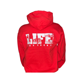 A person wearing the Unisex The OG Hoodie from Life Out There Apparel, featuring a vibrant red color with the word LIFE in large white letters on the back, complemented by snowboarding-inspired silhouettes. Below it, the phrase OUT THERE is printed in a smaller font, encapsulating the excitement of hitting the slopes.
