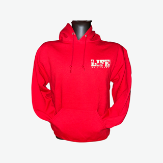 Unisex The OG Hoodie by Life Out There Apparel features a vivid red color with a hood, drawstrings, and a front pocket, making it ideal for snowboarding adventures. It prominently displays the word LIFE in bold white lettering on the left chest area. Presented on a black mannequin against a white background.