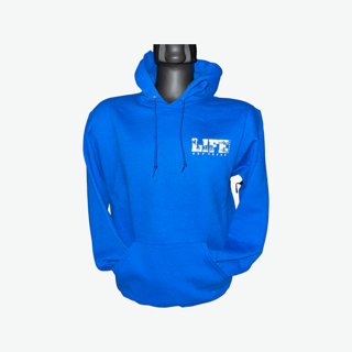 Displayed on a mannequin is the Unisex The OG Hoodie in Royal/White by Life Out There Apparel, featuring the words LIFE and SUPPORT in white on the upper left front. Perfect for chilly desert nights, it includes a front pocket and drawstrings for added comfort.