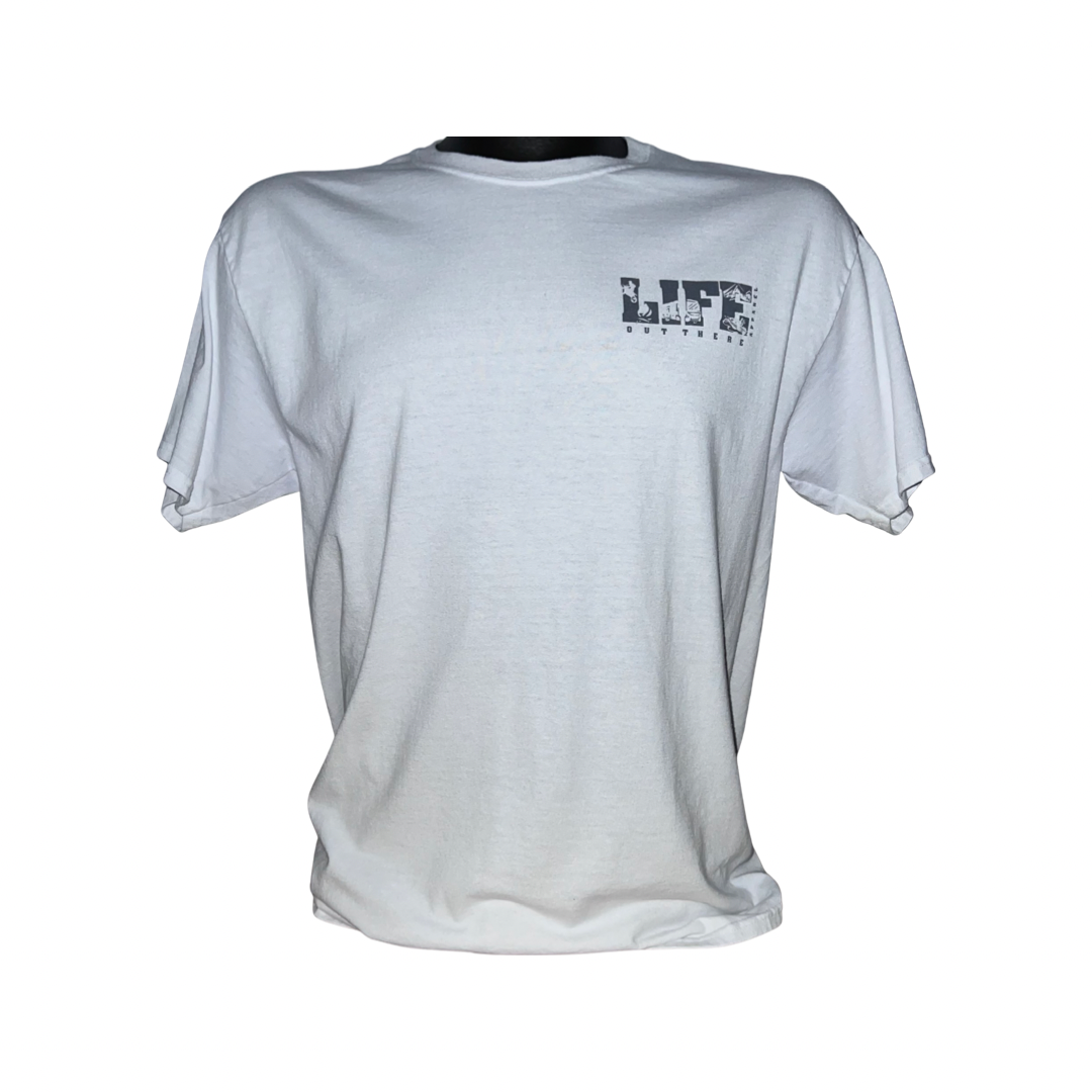 Unisex The OG T Shirt in White/Grey by Life Out There Apparel features "Life" printed in black text on the upper left side. Perfect for dirt bike enthusiasts, this shirt has a slightly wrinkled look, short sleeves, and a round neckline that captures the spirit of adventure.