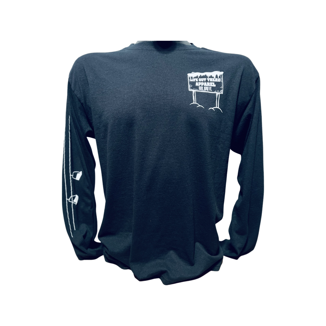 The Black Life Out There Apparel “Snow B. U. M. P. “Unisex long sleeve tee has a snowboard mountian scene design coming out of an unzipped zipper on the back of the shirt & a chair lift going down the right sleeve. This photo shows the front & right sleeve of the tee with a transparent background.