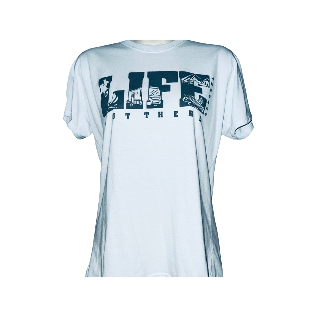 Introducing "The OG Women's T Shirt" by Life Out There Apparel, a stylish white tee with the word "LIFE" boldly emblazoned across the chest, featuring intricate dirt bike graphics within each letter. The product is showcased against a simple white backdrop.