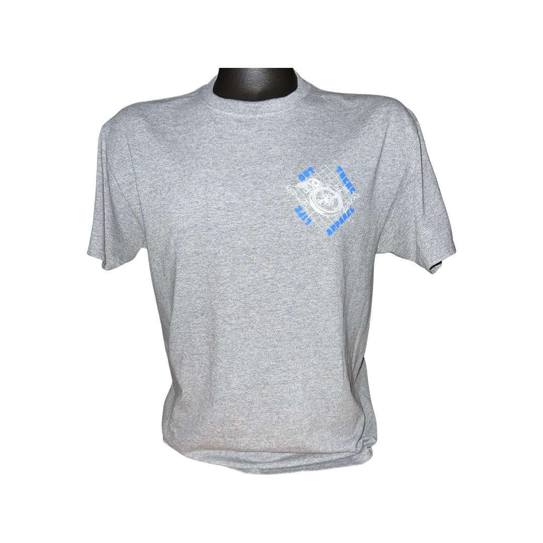 Life Out There Apparel “A New Path” Unisex Oxford grey tee shirt. The design has a nautical feel with a compass on top of an atlas & this shirt has a small design on the left front chest. This design was created in support of suicide awareness.