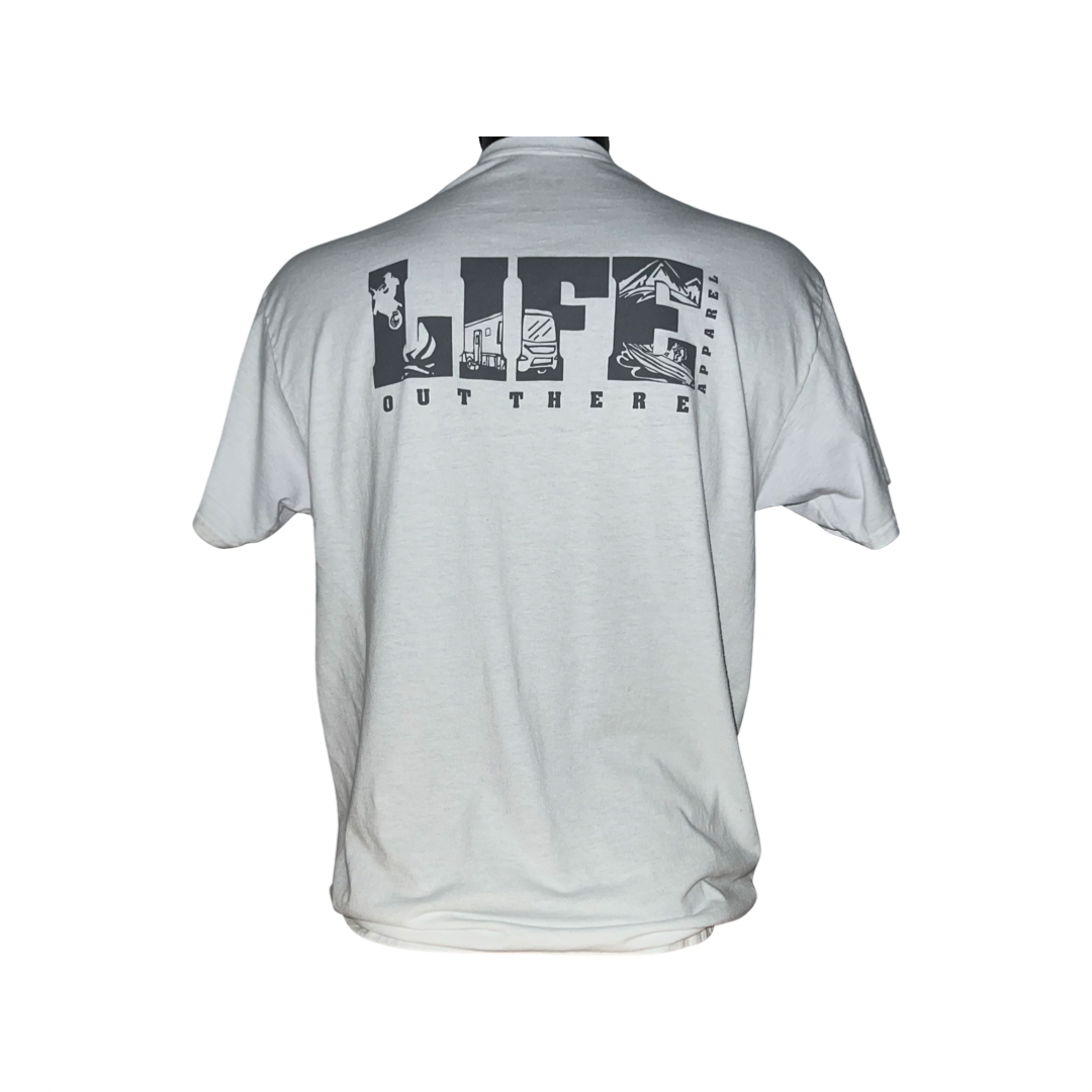 Unisex The OG T Shirt by Life Out There Apparel in white/grey features "LIFE OUT THERE" printed on the back, with each letter of "LIFE" adorned with outdoor illustrations such as mountains and a camping tent.