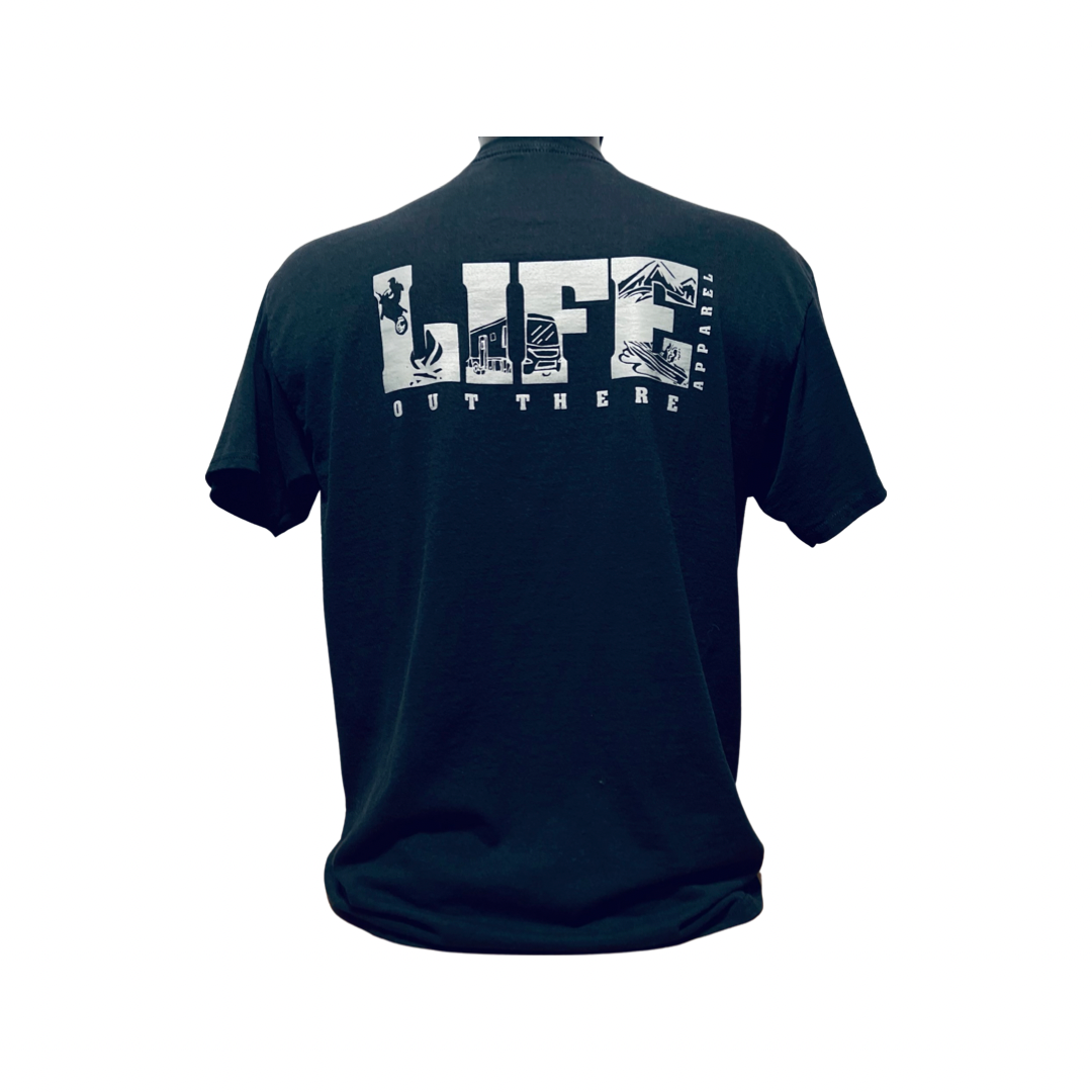 Unisex The OG T Shirt in Black/Grey from Life Out There Apparel showcases the brand's name in large white letters on the back, adorned with nature-themed illustrations like mountains and trees, reflecting the adventurous spirit of snowboarding enthusiasts.