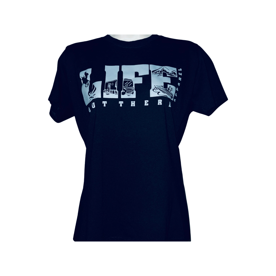 Discover the OG Women's T Shirt by Life Out There Apparel in Black/Grey, showcasing the word "LIFE" prominently across the front with intricate graphic elements within each letter. Perfect for adventure enthusiasts who enjoy activities like snowboarding on icy slopes or dirt biking on rugged trails, this tee embodies their adventurous spirit. The brand name "OUTHERN" is subtly featured below in a smaller, partially visible design.
