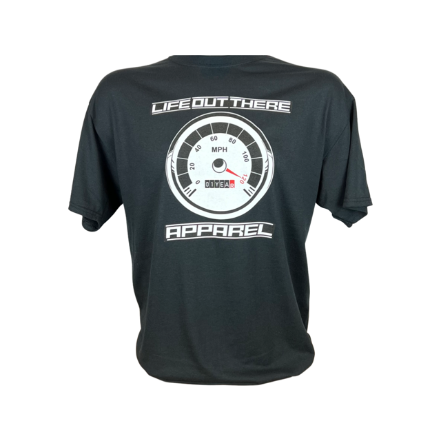 Life Out There Apparel “On My Way” Black Unisex tee shirt is the 1 year anniversary design that has a big speedometer on it - pegged at 120 mph & the odometer is rolling over 1 Year. This photo shows the design on the front of the shirt with a transparent background.