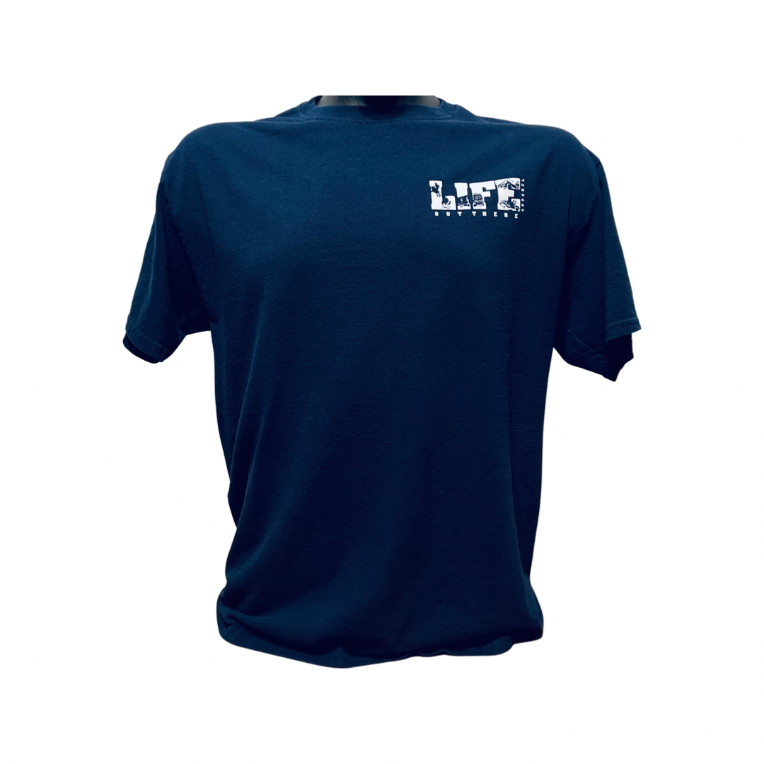 The Unisex The OG T Shirt from Life Out There Apparel in navy and white features the word LIFE in bold, distressed text on the upper left side, embodying a daring spirit. Ideal for enthusiasts of dirt biking or snowboarding, this shirt is presented against a plain white background.