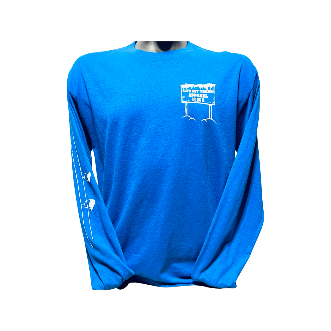 The Royal Blue Life Out There Apparel “Snow B. U. M. P. “ Unisex long sleeve tee has a snowboard mountian scene design coming out of an unzipped zipper on the back of the shirt & a chair lift going down the right sleeve. Here is the front of the tee (and sleeve) with a transparent background.